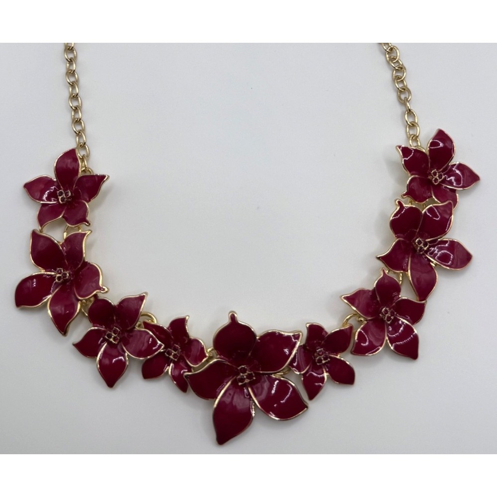 Talbots Red Enamel Poinsettia Floral Statement Necklace Gold Tone
